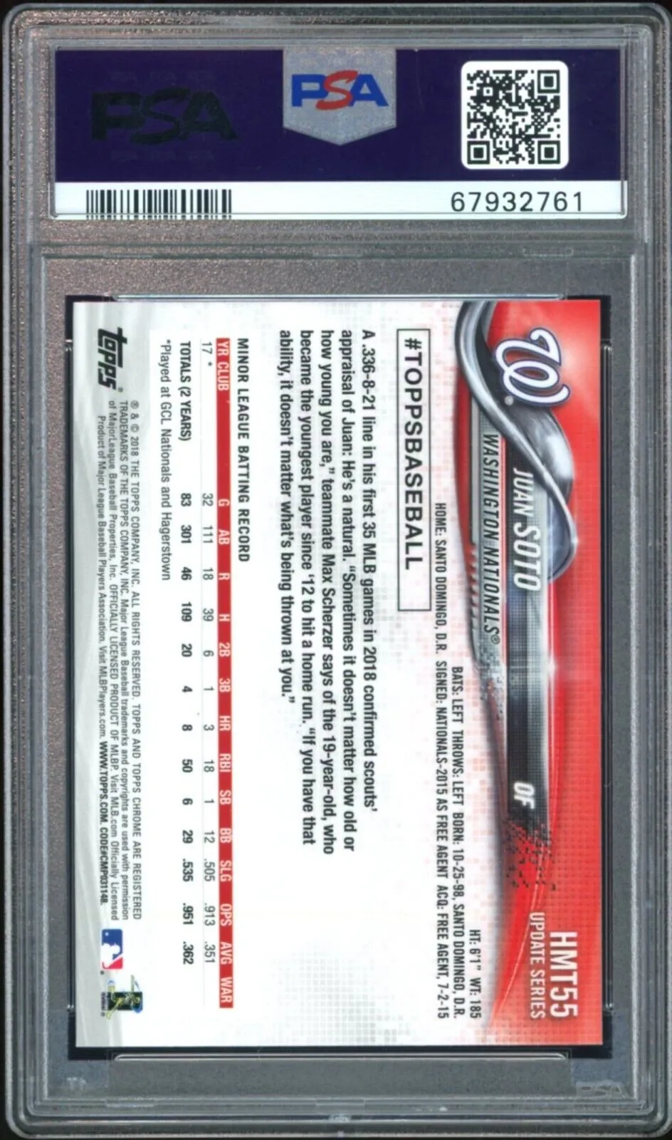 2018 Topps Chrome Update #HMT55 Juan Soto RC PSA 10/10 Auto GEM MINT Padres