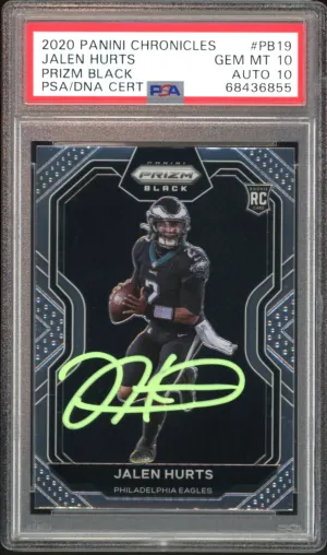 2020 Prizm Black #PB19 Jalen Hurts RC On Card Green Ink PSA 10/10 Auto GEM MINT
