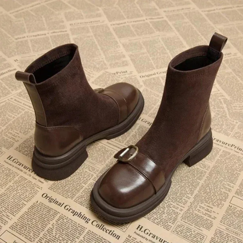 2024 Winter Short Plush Women Ankle Boots Fashion Round Toe Ladies Cotton Short Booties Elegant Square Low Heel Women's Footwear
