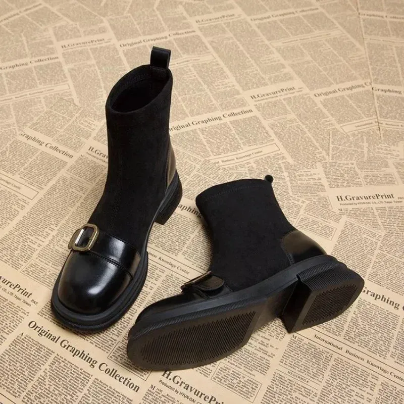 2024 Winter Short Plush Women Ankle Boots Fashion Round Toe Ladies Cotton Short Booties Elegant Square Low Heel Women's Footwear