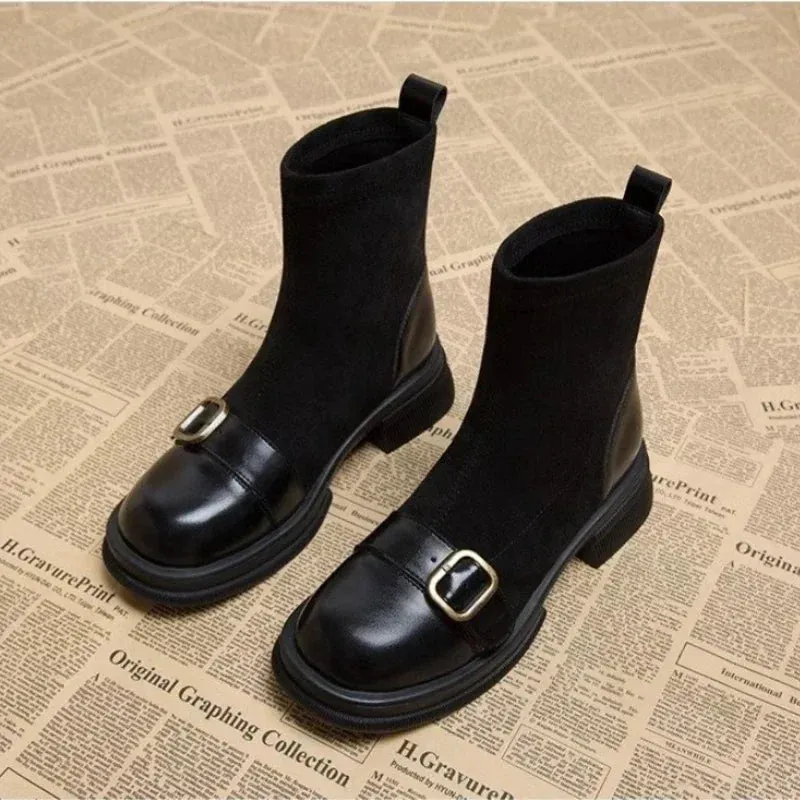 2024 Winter Short Plush Women Ankle Boots Fashion Round Toe Ladies Cotton Short Booties Elegant Square Low Heel Women's Footwear