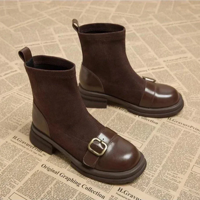 2024 Winter Short Plush Women Ankle Boots Fashion Round Toe Ladies Cotton Short Booties Elegant Square Low Heel Women's Footwear
