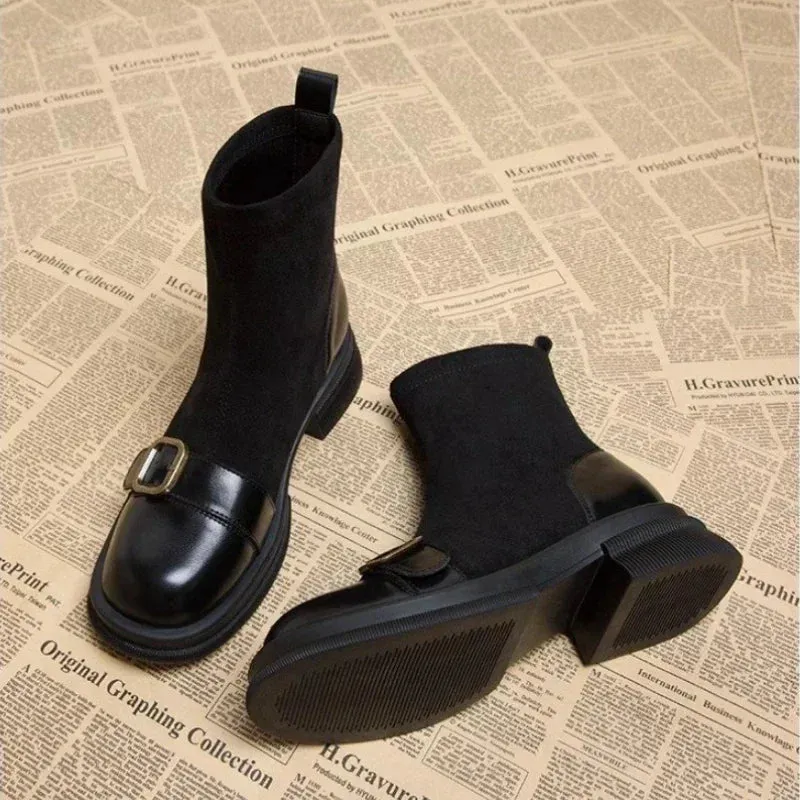 2024 Winter Short Plush Women Ankle Boots Fashion Round Toe Ladies Cotton Short Booties Elegant Square Low Heel Women's Footwear
