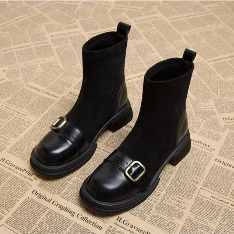 2024 Winter Short Plush Women Ankle Boots Fashion Round Toe Ladies Cotton Short Booties Elegant Square Low Heel Women's Footwear