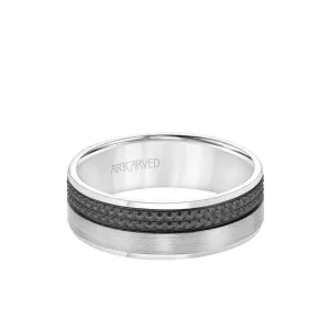 7MM Men's Wedding Band - Brush Matte Finish with Textured Black Rhodium and Milgrain Accents and Flat Edge