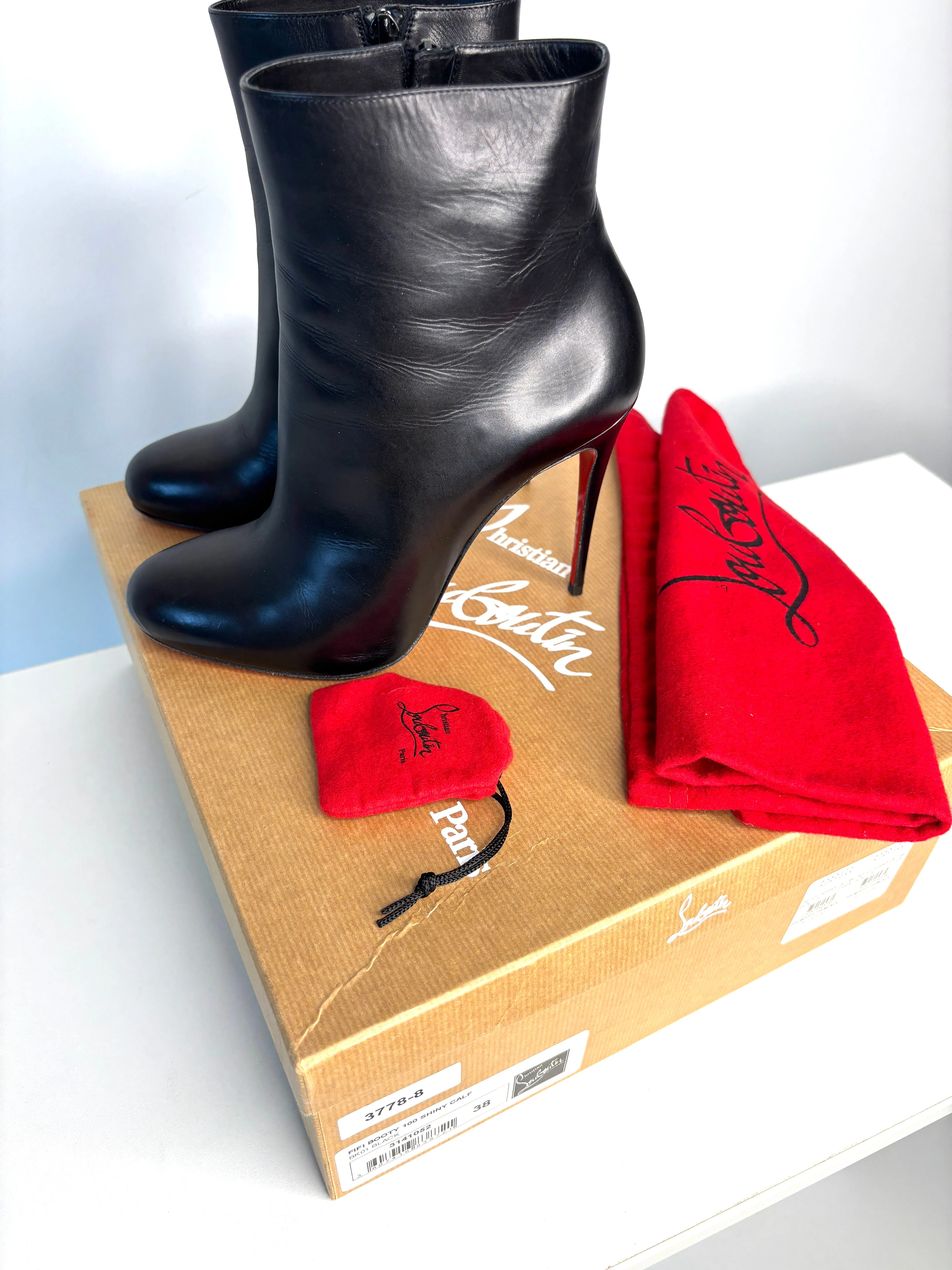 Christian Louboutin Fifi Booty 100 Black Leather Ankle Boots 38 UK5