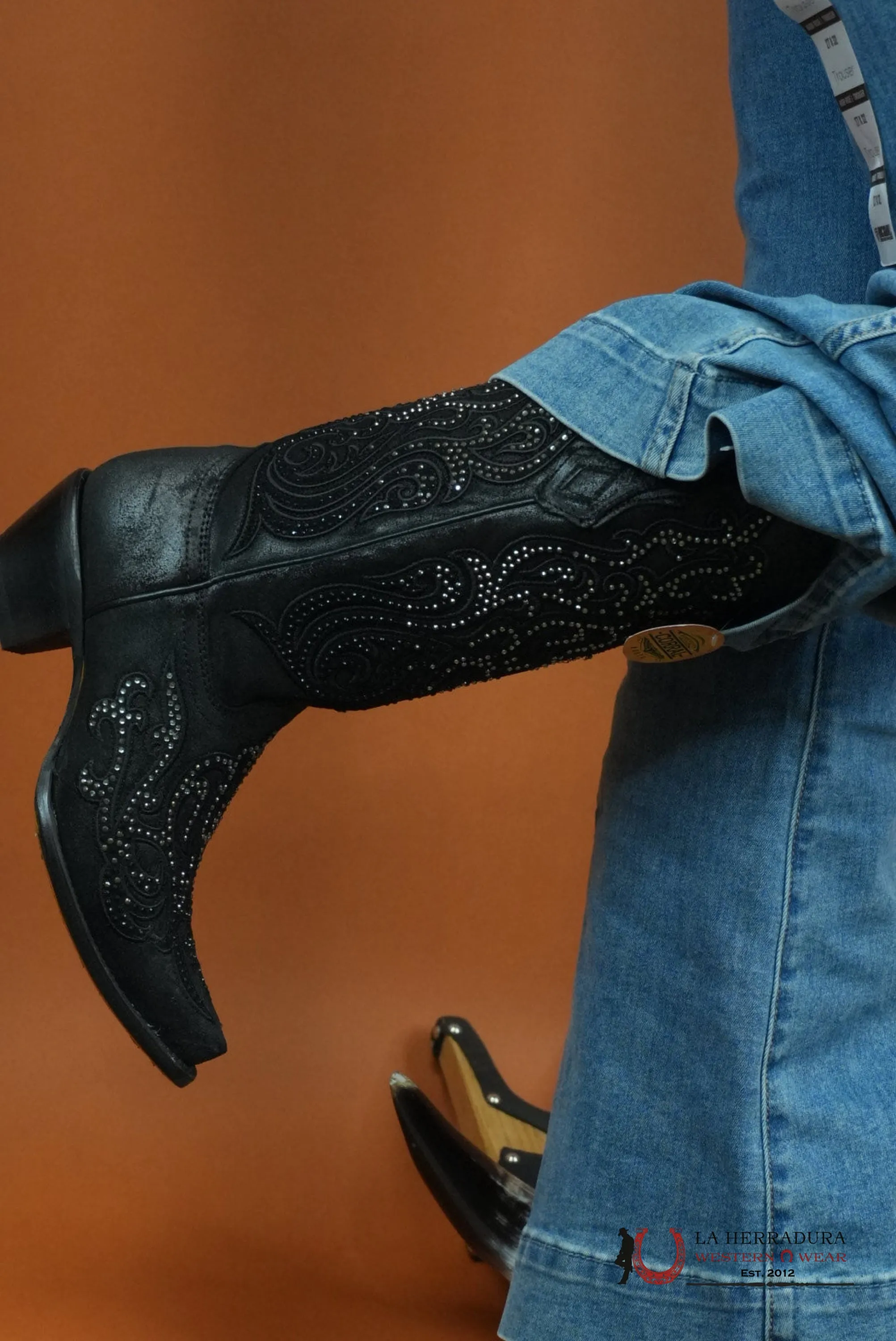 CORRAL BLACK EMBROIDERY & CRYSTALS POINT TOE BOOT C4100