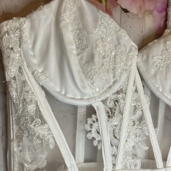 Coveted Delight White Sequin Mesh Embroidered Bustier Mini Dress Xs