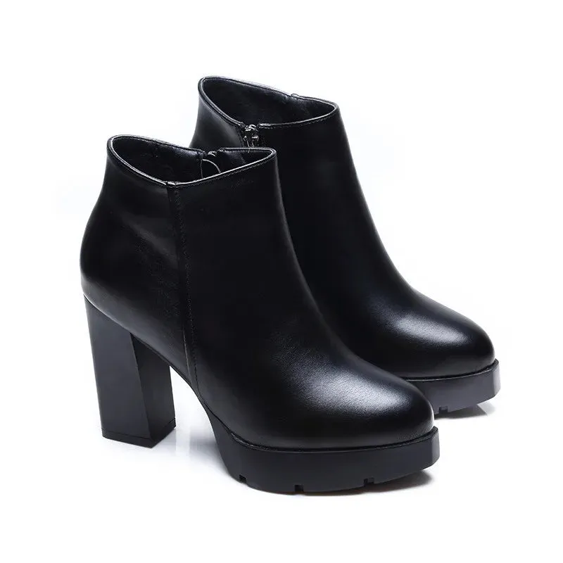 Fashion Casual Zipper Pointed Toe Soft Leather Women Shoes Square High Heel Ankle Boots Black Motorcycle Boots Shoes