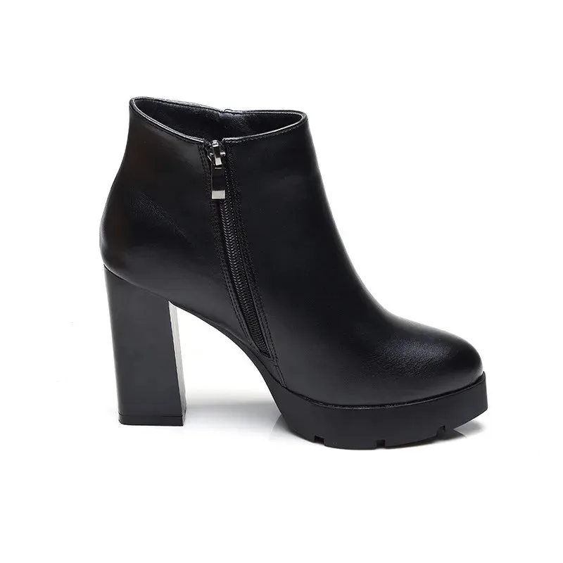 Fashion Casual Zipper Pointed Toe Soft Leather Women Shoes Square High Heel Ankle Boots Black Motorcycle Boots Shoes