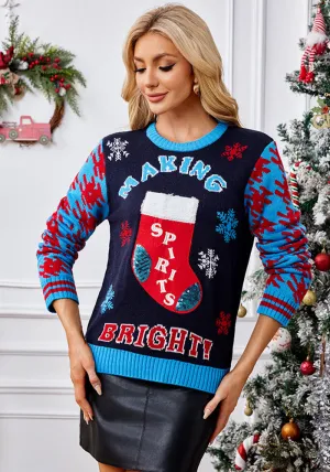 Festive Sequin Embroidery Christmas Boots Jacquard Sweater for Holiday Cheer