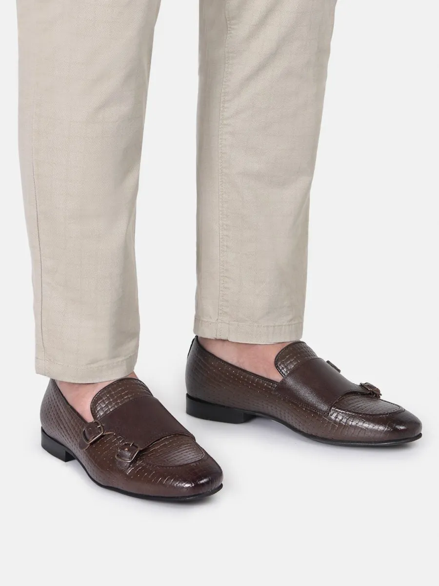 Genuine Leather Weave Double Monk Strap Loafers
