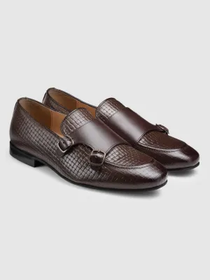 Genuine Leather Weave Double Monk Strap Loafers