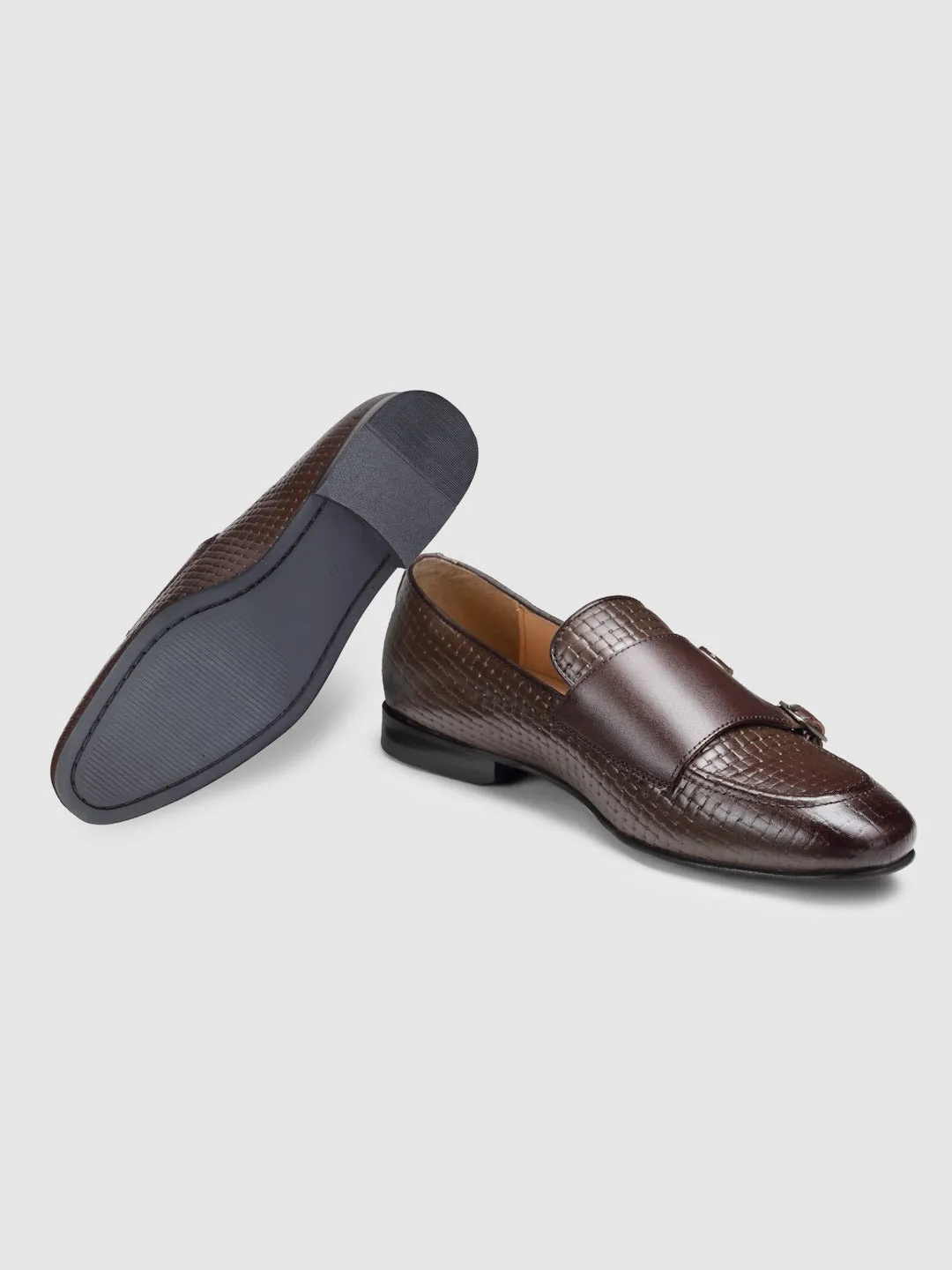 Genuine Leather Weave Double Monk Strap Loafers