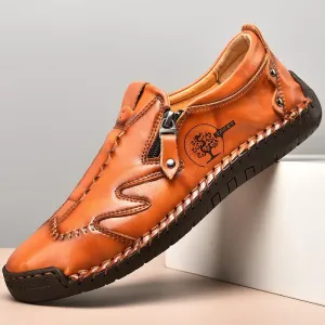 Kaegreel Men Side Zipper Comfy Hand Stitching Casual Leather Shoes
