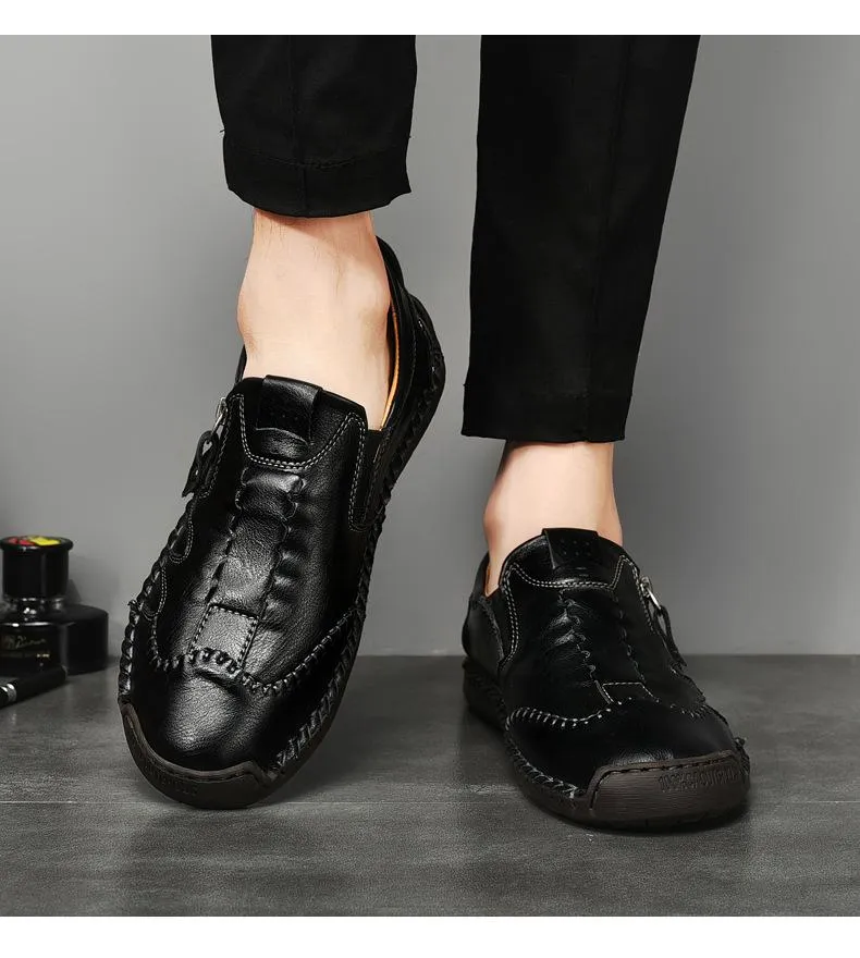 Kaegreel Men Side Zipper Comfy Hand Stitching Casual Leather Shoes