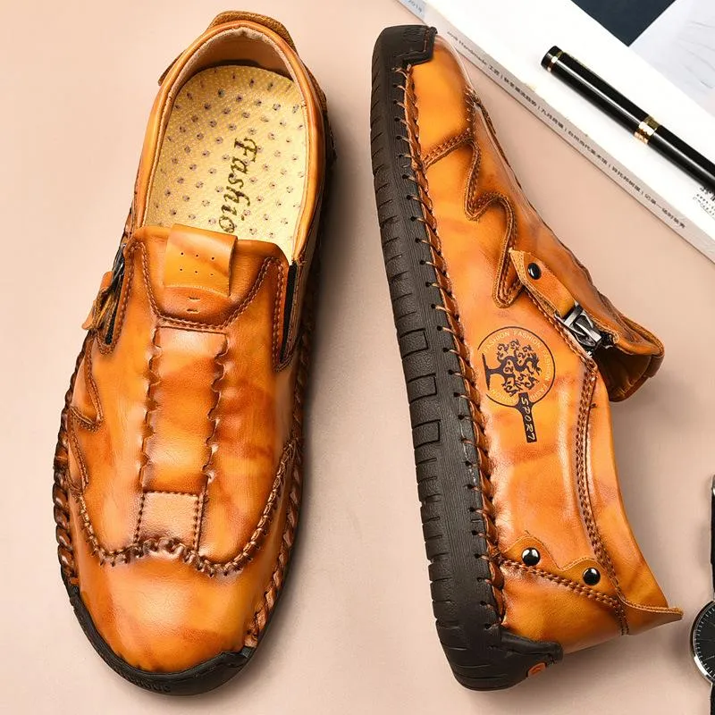 Kaegreel Men Side Zipper Comfy Hand Stitching Casual Leather Shoes