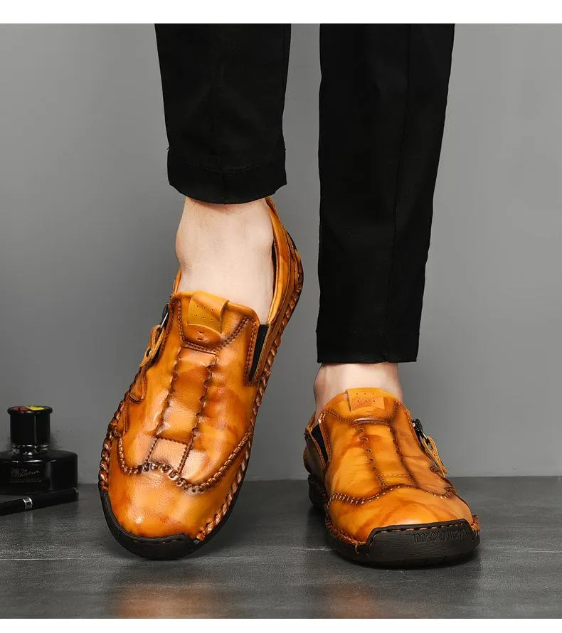 Kaegreel Men Side Zipper Comfy Hand Stitching Casual Leather Shoes