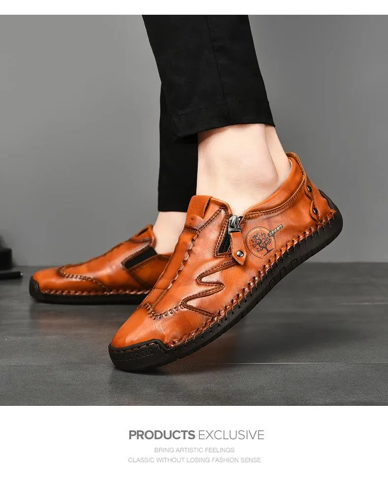 Kaegreel Men Side Zipper Comfy Hand Stitching Casual Leather Shoes