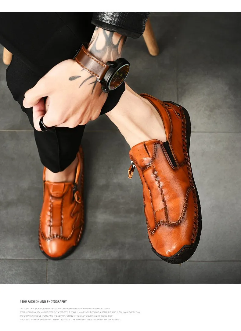 Kaegreel Men Side Zipper Comfy Hand Stitching Casual Leather Shoes