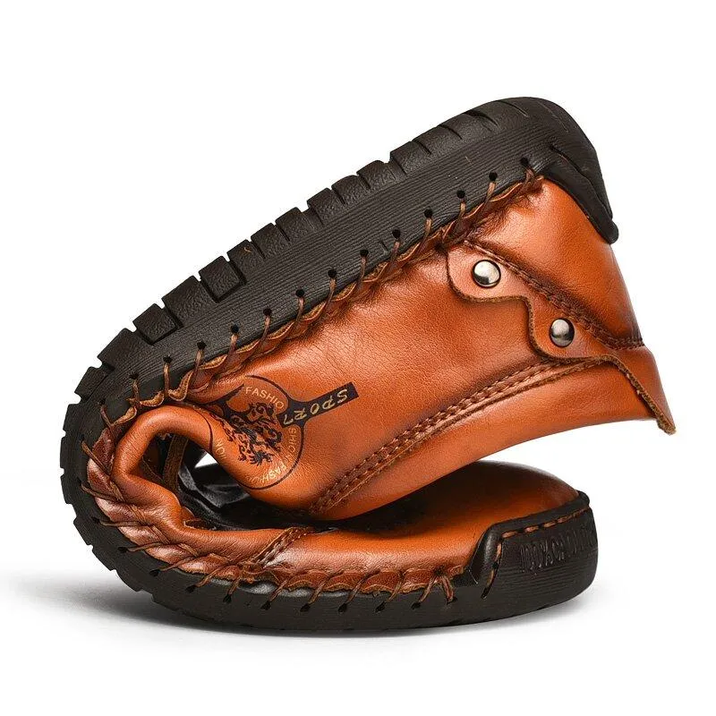 Kaegreel Men Side Zipper Comfy Hand Stitching Casual Leather Shoes