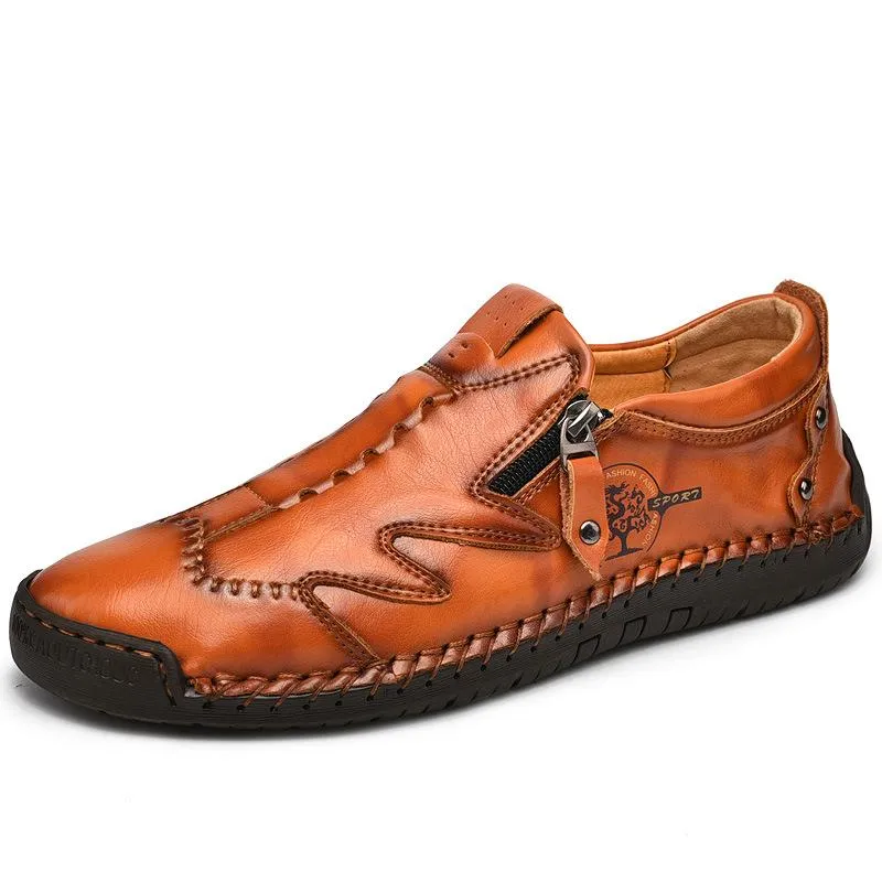 Kaegreel Men Side Zipper Comfy Hand Stitching Casual Leather Shoes
