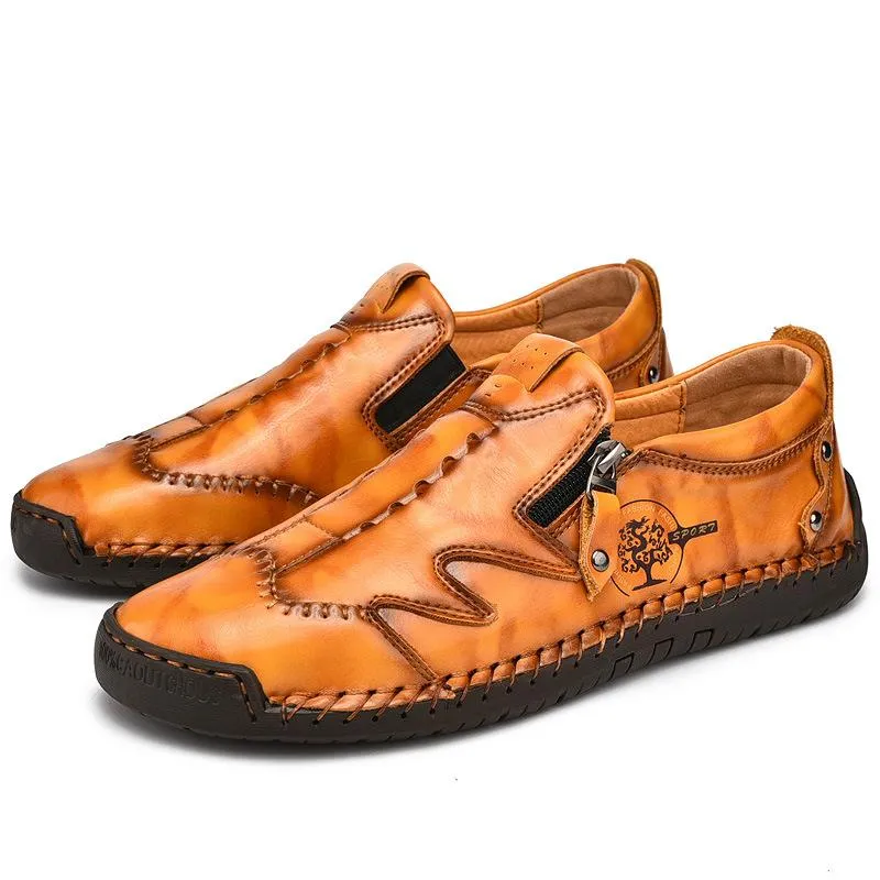 Kaegreel Men Side Zipper Comfy Hand Stitching Casual Leather Shoes