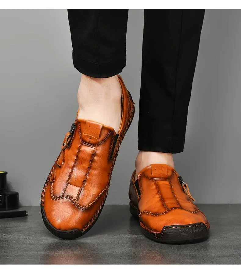 Kaegreel Men Side Zipper Comfy Hand Stitching Casual Leather Shoes