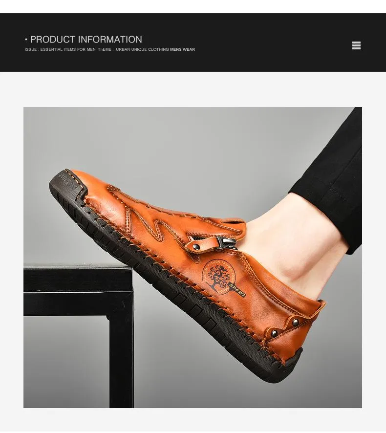 Kaegreel Men Side Zipper Comfy Hand Stitching Casual Leather Shoes
