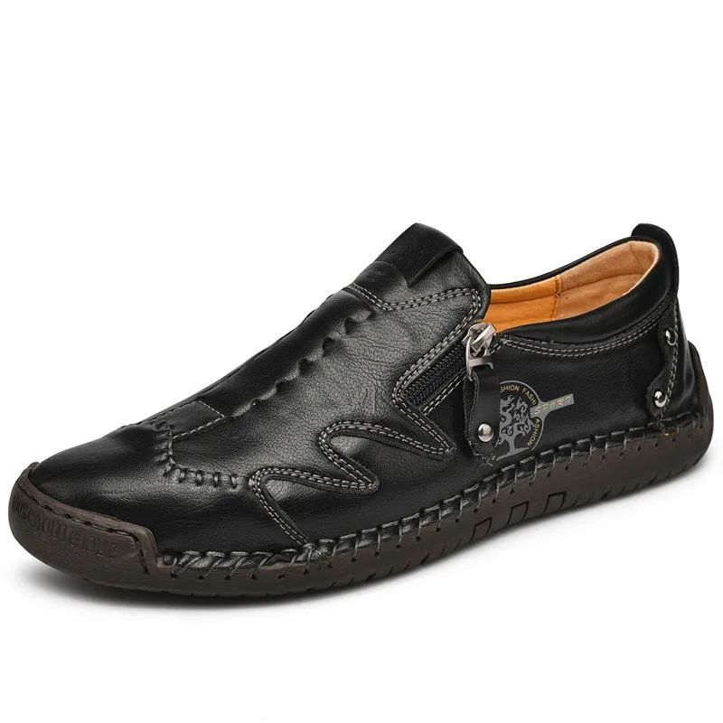 Kaegreel Men Side Zipper Comfy Hand Stitching Casual Leather Shoes