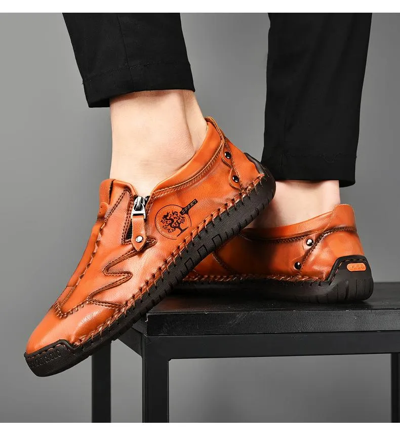Kaegreel Men Side Zipper Comfy Hand Stitching Casual Leather Shoes