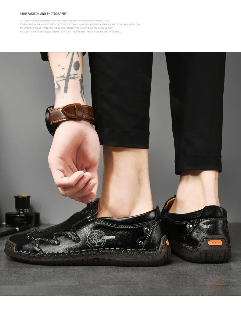 Kaegreel Men Side Zipper Comfy Hand Stitching Casual Leather Shoes
