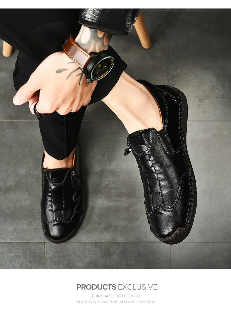 Kaegreel Men Side Zipper Comfy Hand Stitching Casual Leather Shoes