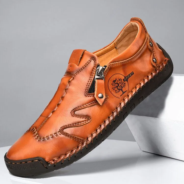 Kaegreel Men Side Zipper Comfy Hand Stitching Casual Leather Shoes