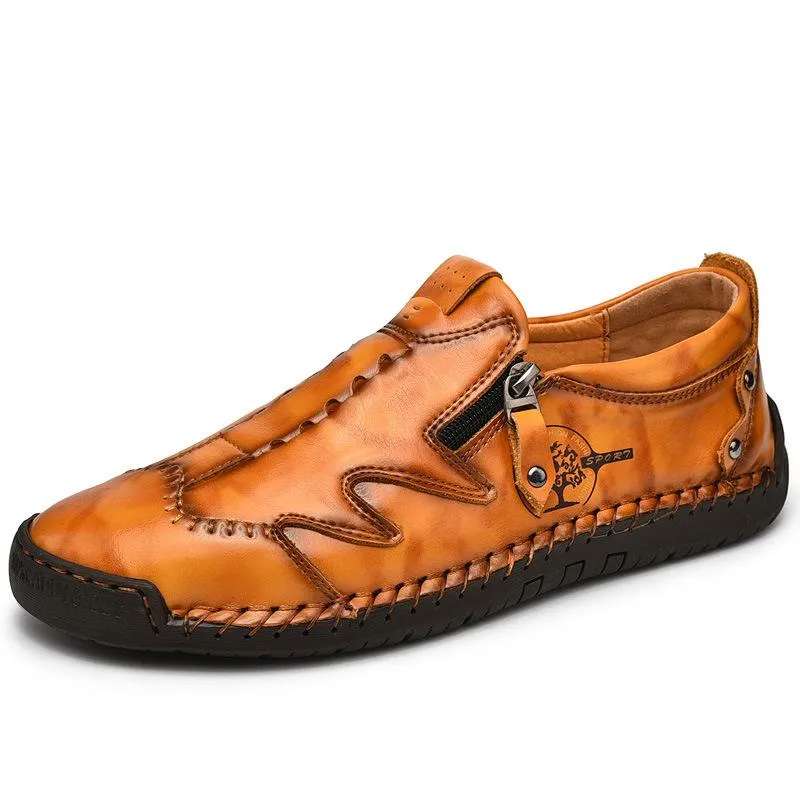 Kaegreel Men Side Zipper Comfy Hand Stitching Casual Leather Shoes