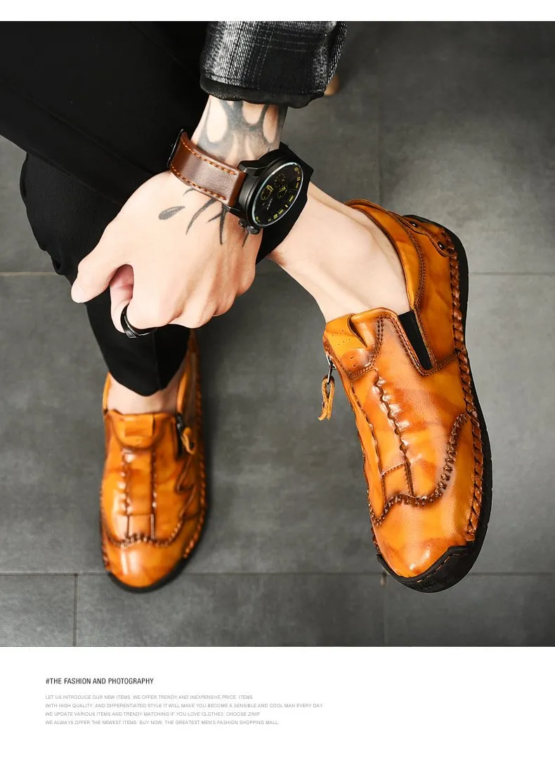 Kaegreel Men Side Zipper Comfy Hand Stitching Casual Leather Shoes