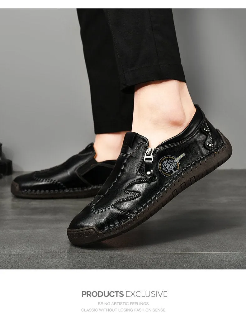 Kaegreel Men Side Zipper Comfy Hand Stitching Casual Leather Shoes