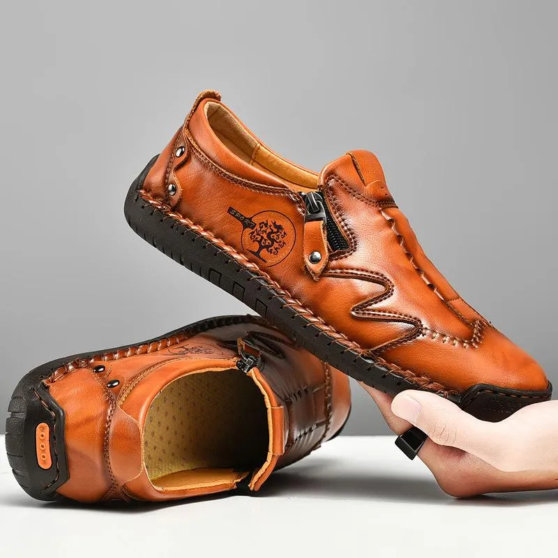 Kaegreel Men Side Zipper Comfy Hand Stitching Casual Leather Shoes