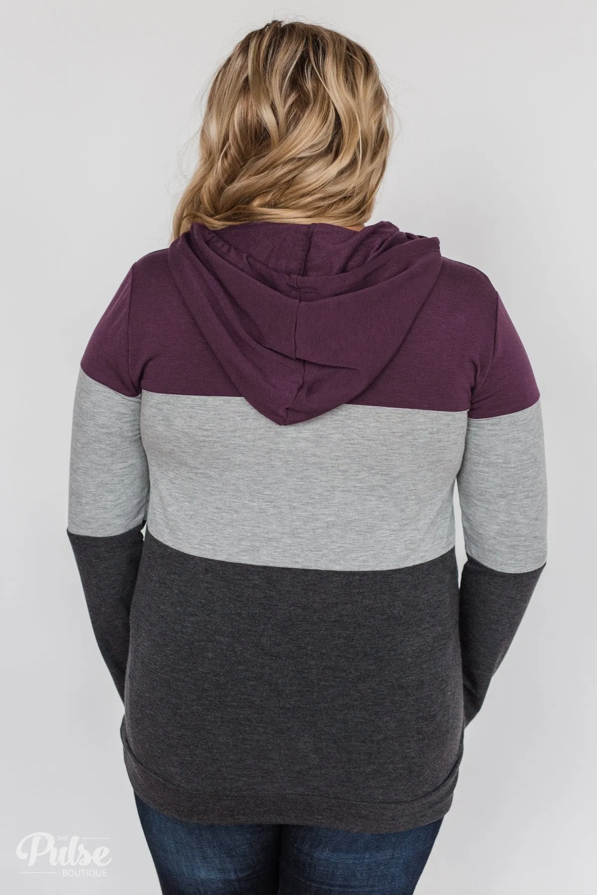 Lightweight Color Block Hoodie- Eggplant & Grey