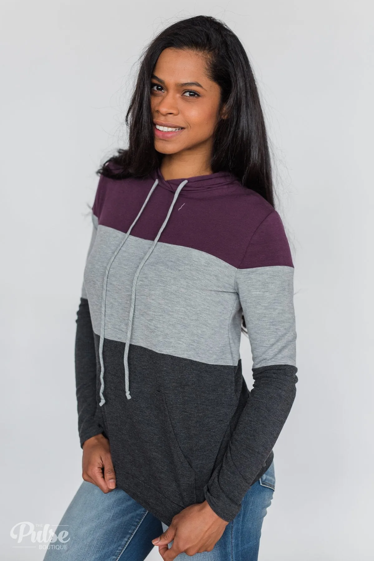 Lightweight Color Block Hoodie- Eggplant & Grey