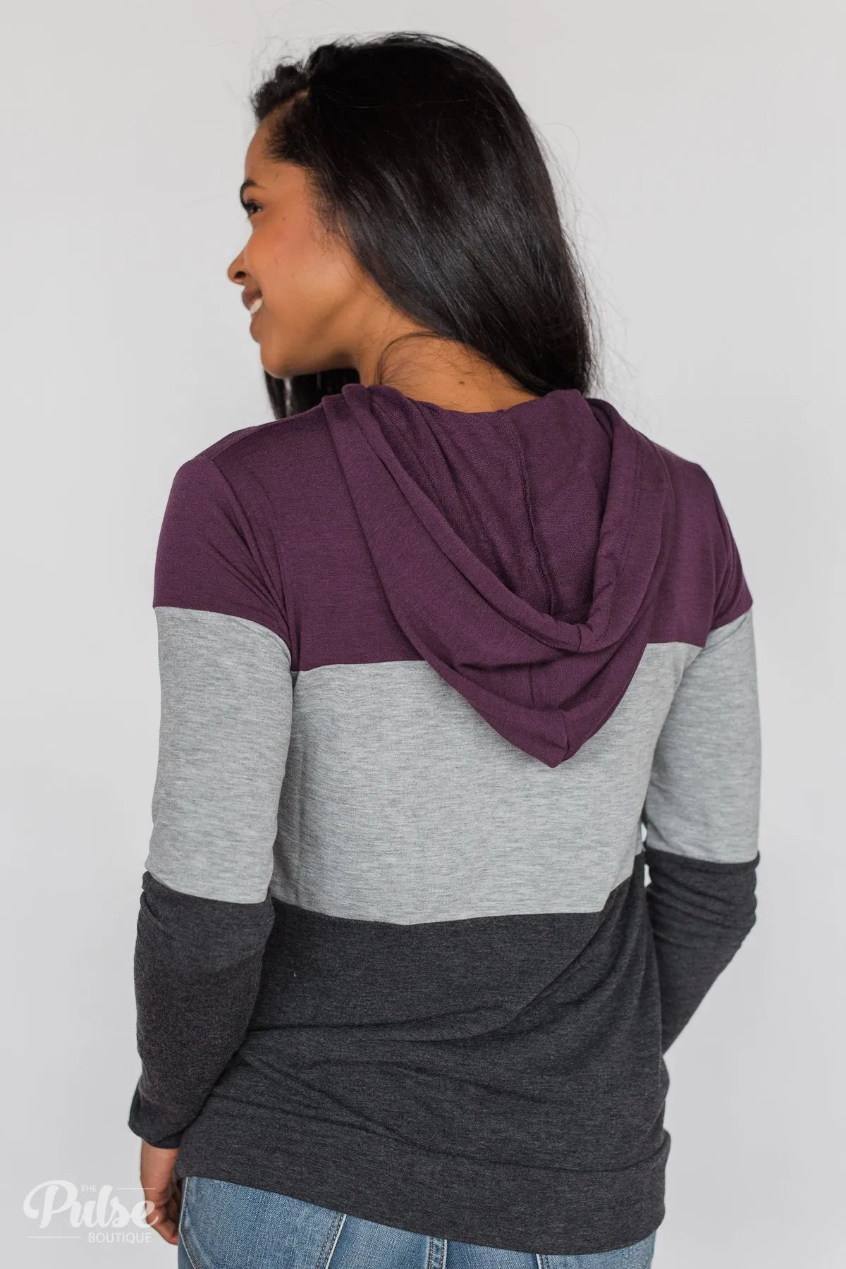 Lightweight Color Block Hoodie- Eggplant & Grey