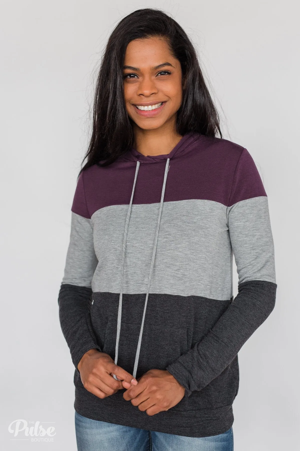 Lightweight Color Block Hoodie- Eggplant & Grey
