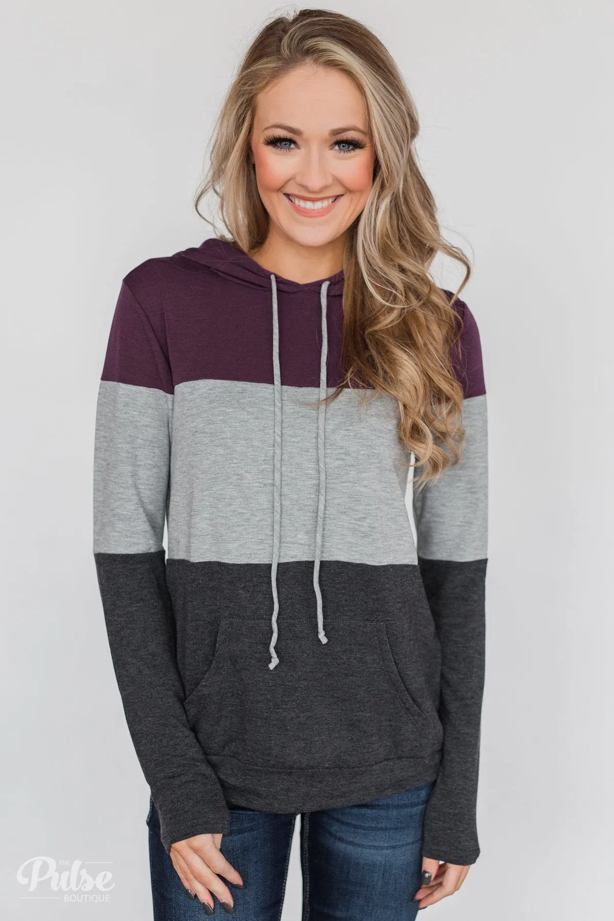 Lightweight Color Block Hoodie- Eggplant & Grey