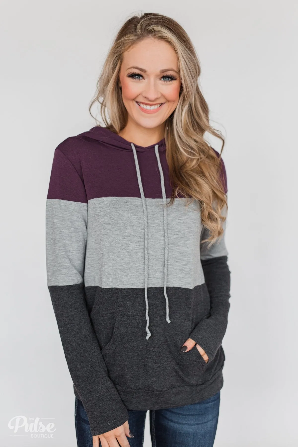 Lightweight Color Block Hoodie- Eggplant & Grey