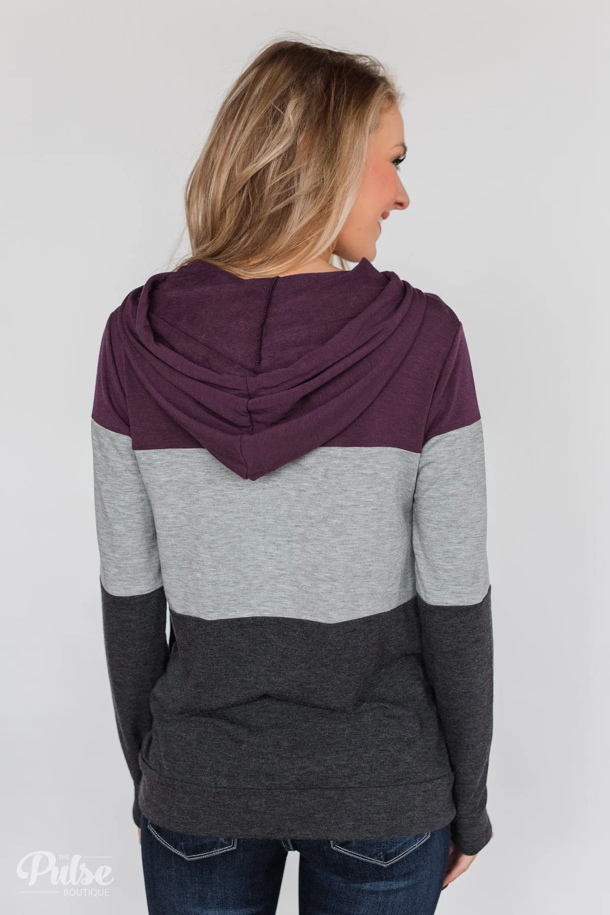 Lightweight Color Block Hoodie- Eggplant & Grey