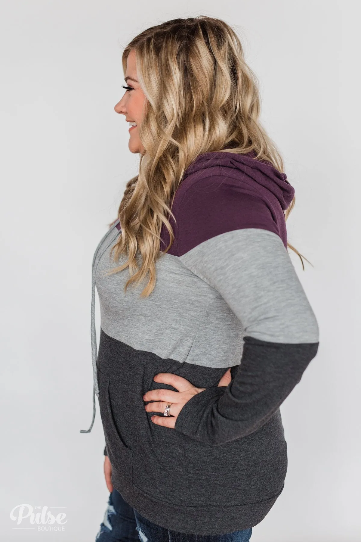 Lightweight Color Block Hoodie- Eggplant & Grey