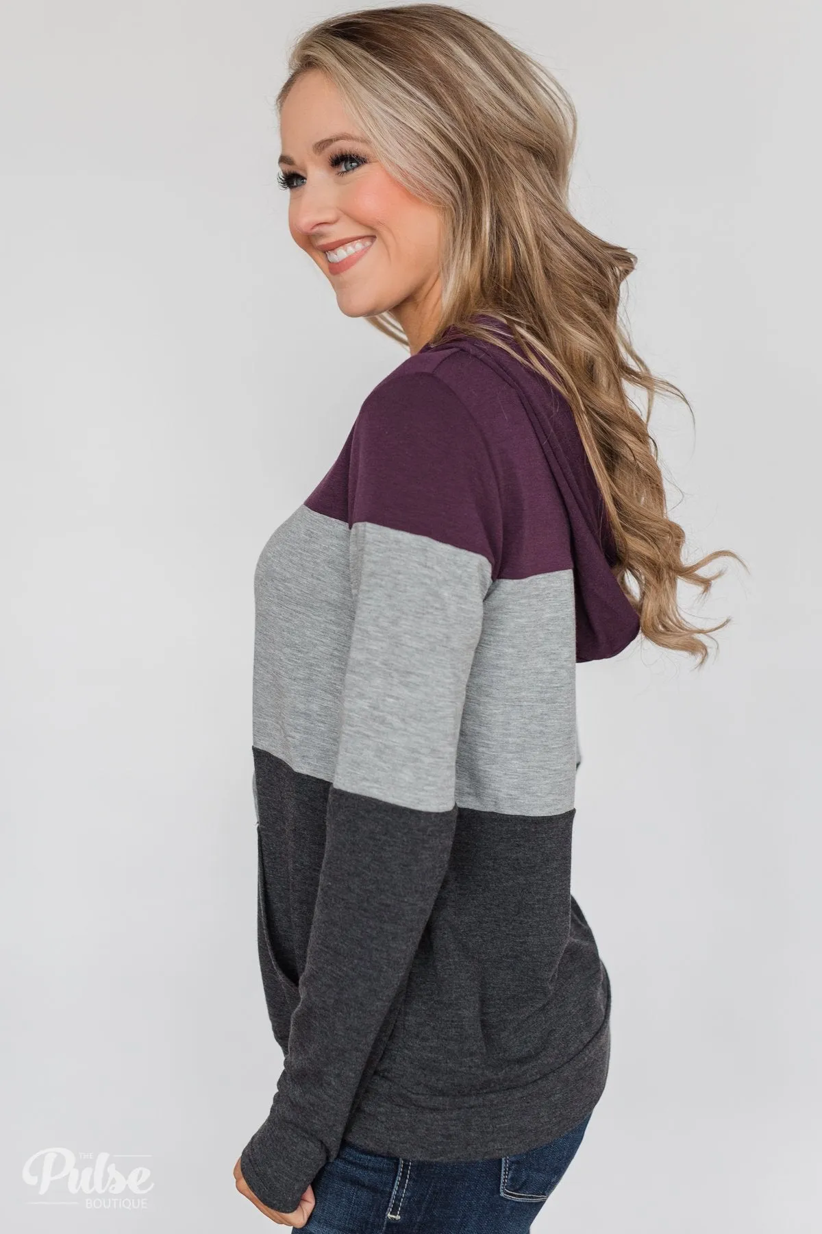 Lightweight Color Block Hoodie- Eggplant & Grey