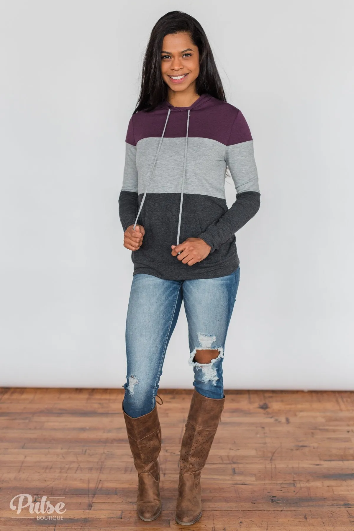 Lightweight Color Block Hoodie- Eggplant & Grey