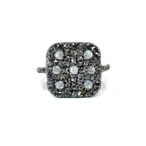 Pave Diamond Oxidized Silver Square Cushion Ring