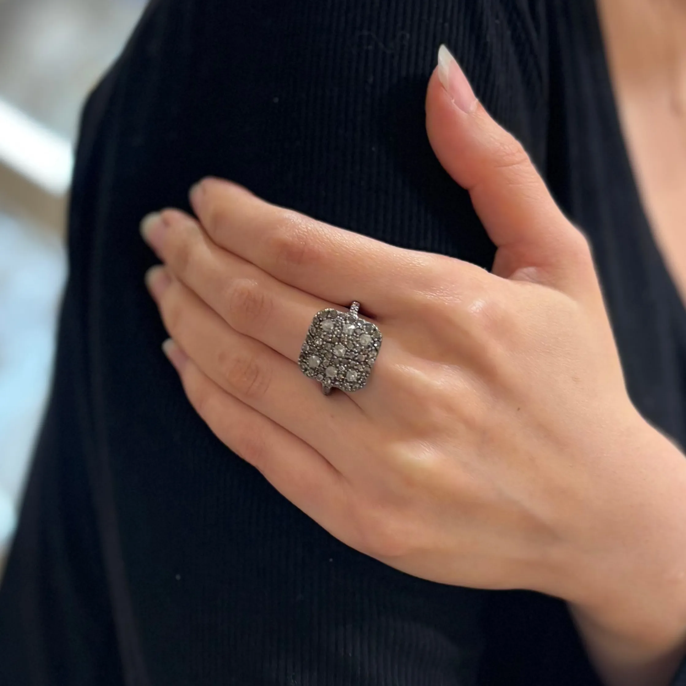 Pave Diamond Oxidized Silver Square Cushion Ring